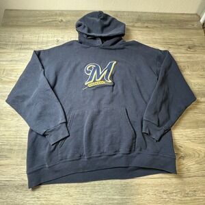 MLB Milwaukee Brewers Hoodie Men XL Navy Blue Embroidered Logo Pullover Baseball
